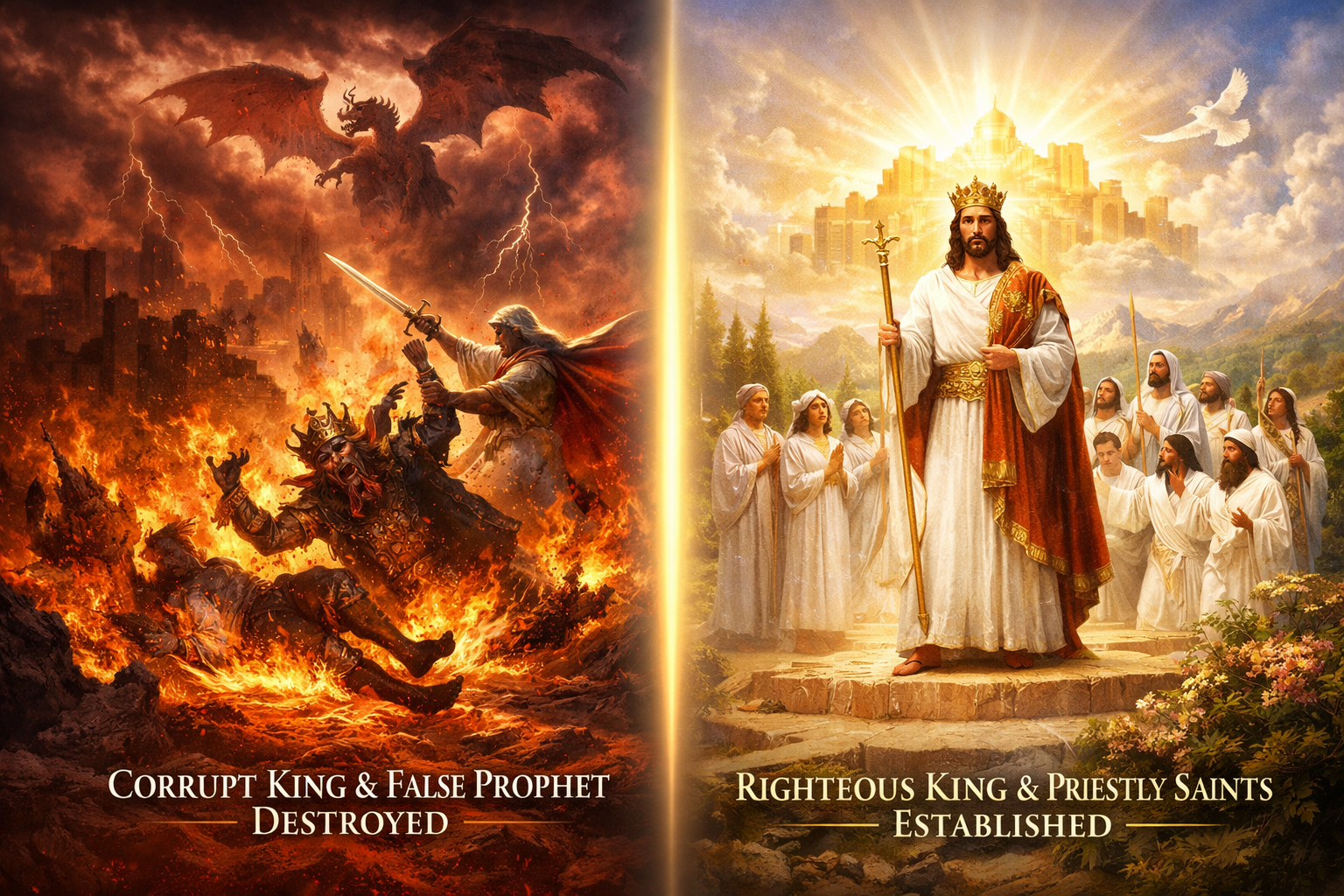 Corrupt KIng and False Prophet Destroyed - Righteous King Jesus and His Priestly Saints Established